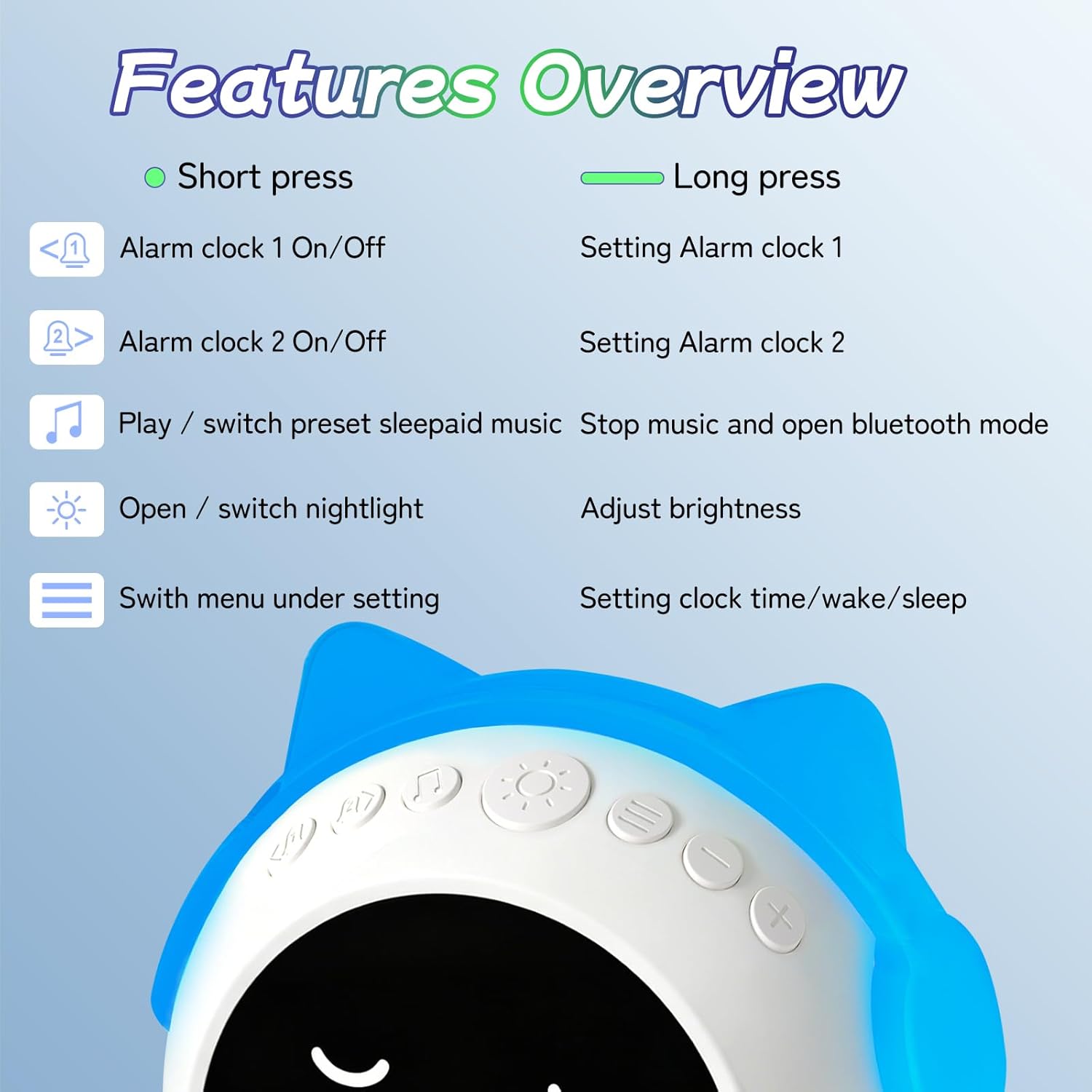 Kids Alarm Clock with Sleep Training, LED Night Light, Bluetooth Music, Multi-Color Display, Sound Machine, OK to Wake Light for Toddlers and Children