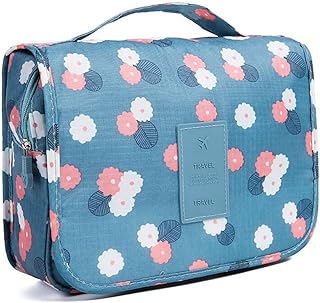 شنطة ادوات الزينة للسفر غسيل معلقة لتنظيم مستحضرات التجميل والمكياج للرجال والنساء والفتيات مقاومة للماء ومتعددة الوظائف بتصميم زهور زرقاء من واي جي او جوي نايلون