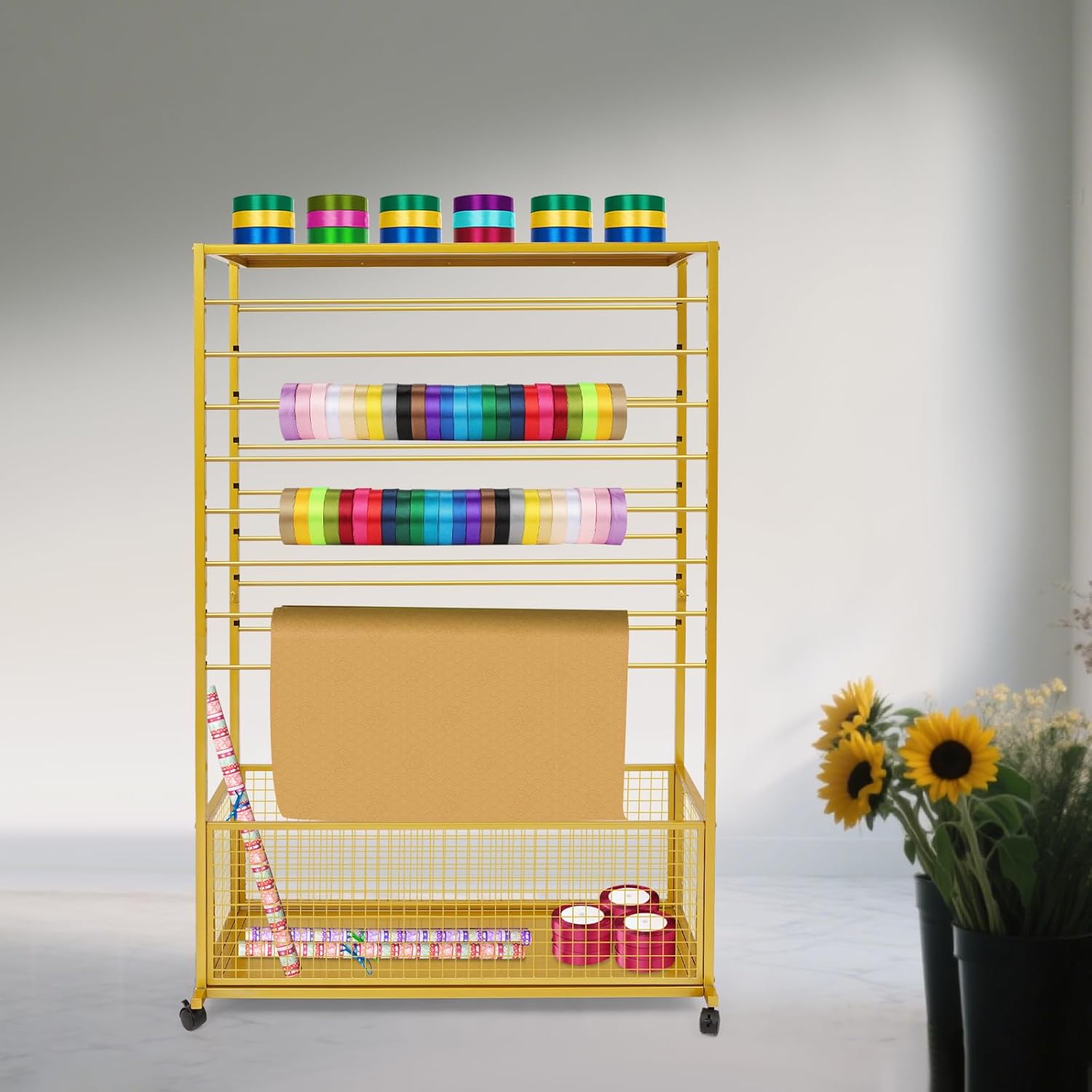 16 Tier Double-Sided Ribbon Rack with Wheels and Storage Basket, Metal Display Stand for Wrapping Paper, Scarves, Ribbons, Gold Color, 39.37 x 12.6 x 59.06 Inches