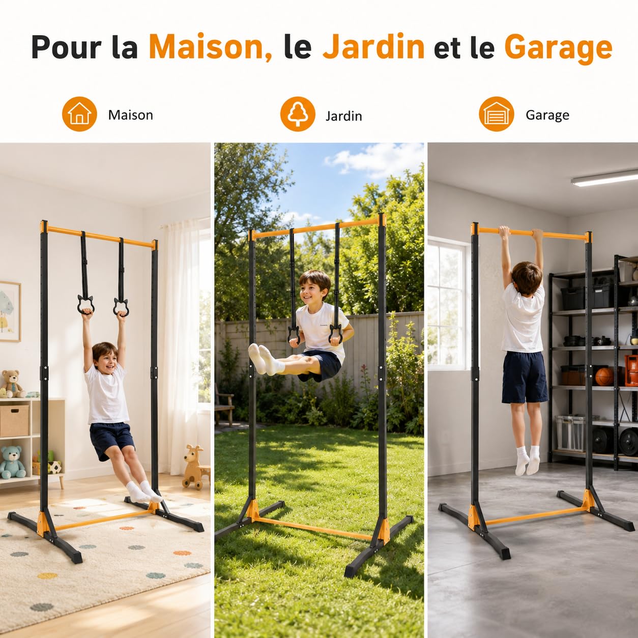 Barre de Gymnastique avec Anneaux, Hauteur Réglable 160-215 cm | Barre Horizontale Robuste 400 kg, Intérieur/Extérieur, Entraînement à Domicile pour Enfants et Adultes