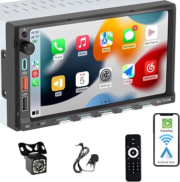 Double Din Car Stereo Compatible with [Wireless] Apple CarPlay Android Auto 7" Touchscreen Bluetooth AM/FM/RDS Radio USB Fast Charge 3A Backup Camera