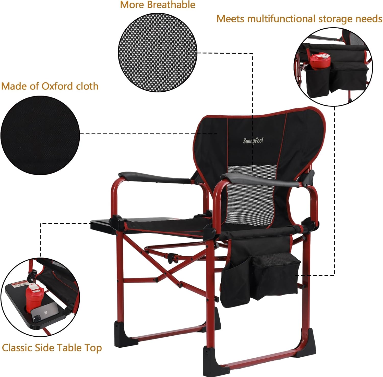 SUNNYFEEL Camping Directors Chair Aluminum Oversized Portable Folding Chair with Side Pocket and Adjustable Side Table for Beach, Fishing, Trip, Picnic, Lawn, Concert Outdoor Foldable Camp Chairs