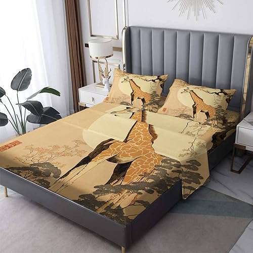 zcsm Sábanas de jirafa tamaño Queen  Sábanas de microfibra suave, bolsillo profundo, sábanas y fundas de almohada estampadas sin arrugas, 4 piezas