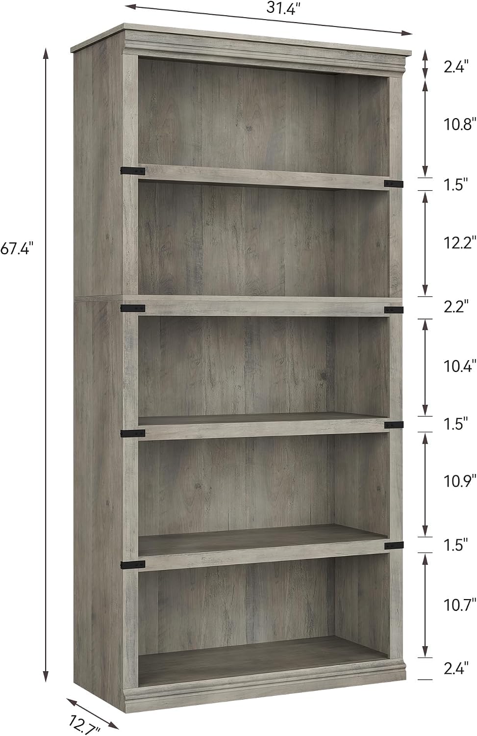 IDEALHOUSE 5 Tier Book Shelf, Farmhouse Book Case, 67.4 in Tall Shelf with Storage, Wooden Bookshelves for Living Room, Home Office-Grey