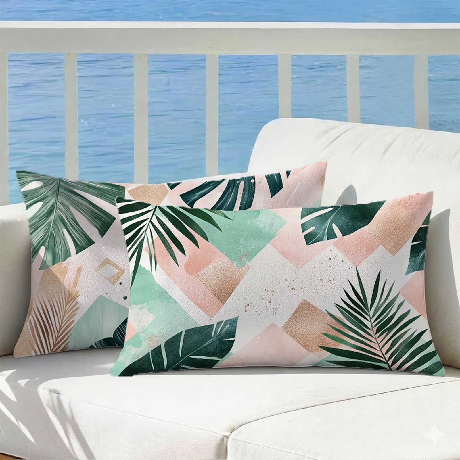 Coussin decoratif impression double face feuille et geometrie pour canape et salon
