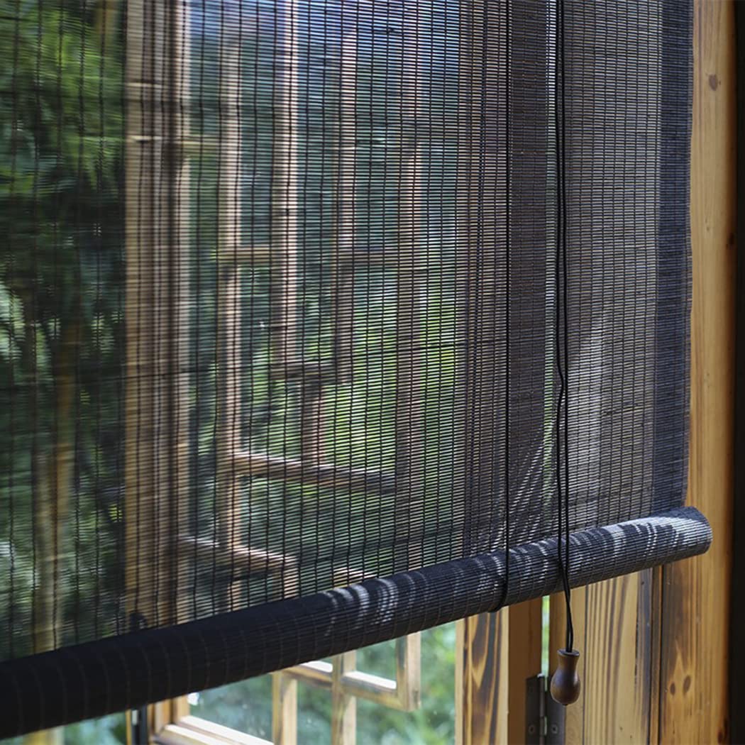 Store enrouleur rétro en bambou noir – Protection solaire réglable et occultant pour chambre à coucher, cuisine, balcon – Poignée latérale élégante – Motif romain