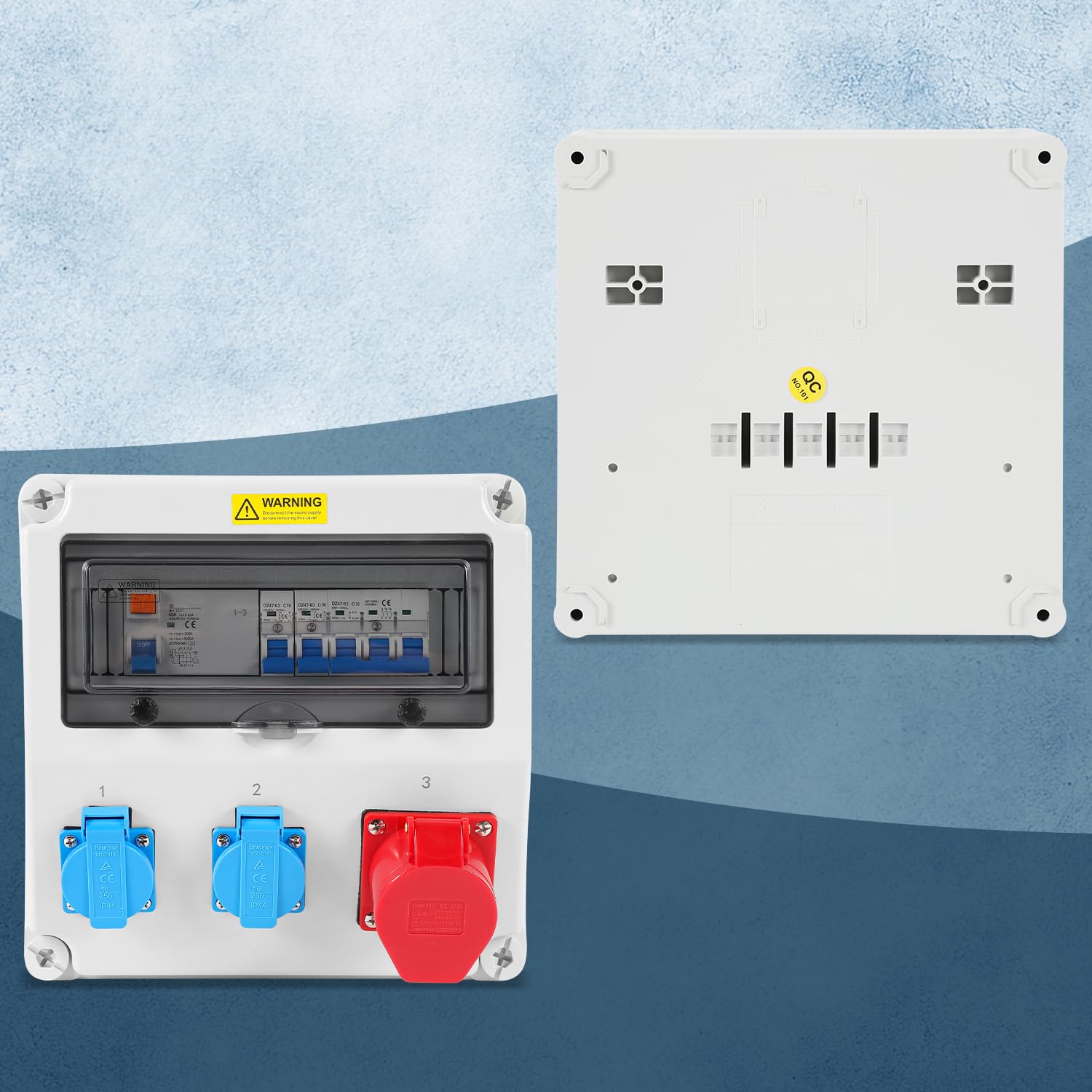 Rozdzielacz ścienny, 1 x 16 A 2 x 230 V z LS+FI, z wyłącznikiem ochronnym, z RCB, rozdzielacz z pokrywą bezpieczeństwa, gniazdo CEE 16 A, do użytku wewnątrz i na zewnątrz