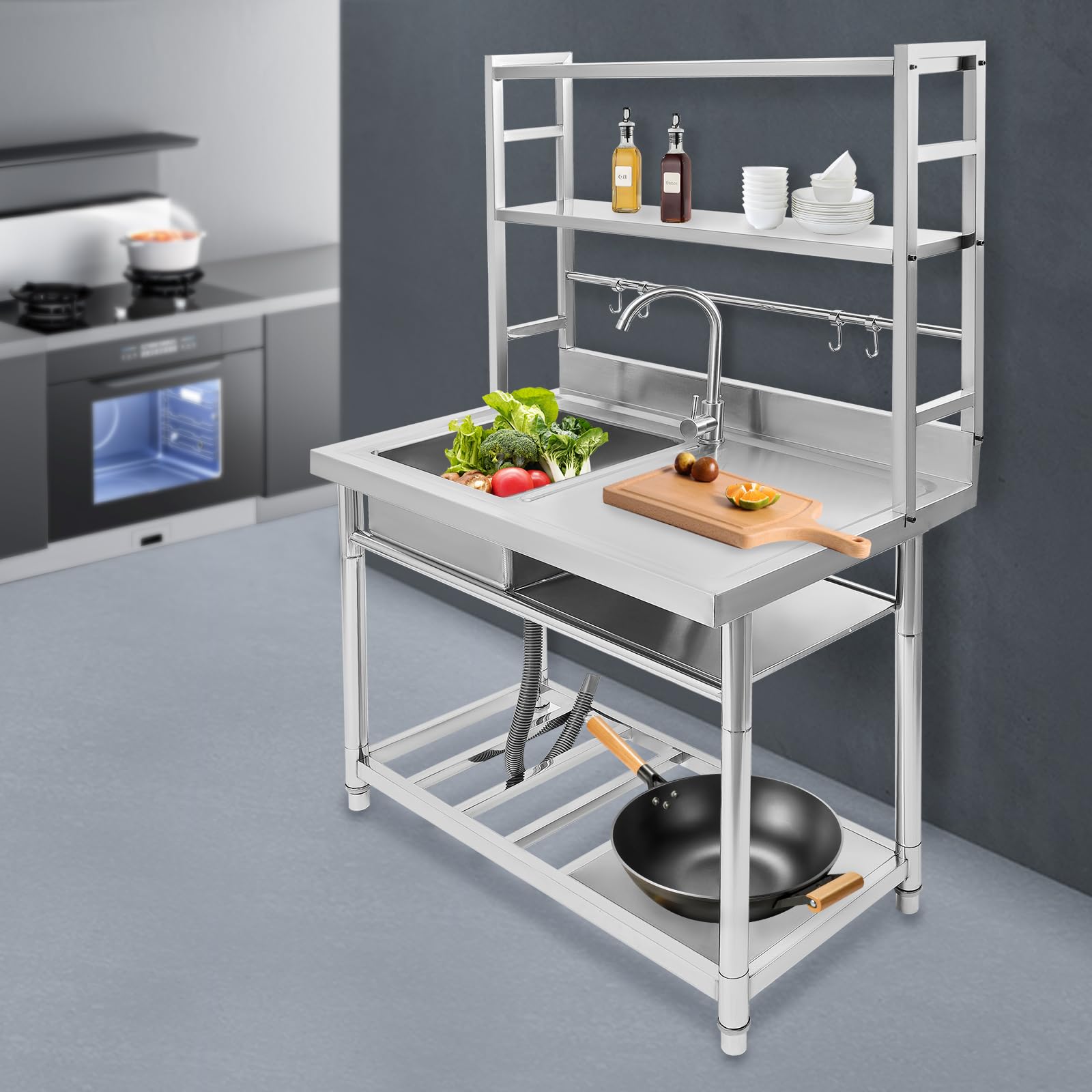Évier de cuisine sur pied en acier inoxydable avec robinet et 4 crochets, 1 bac, pour cuisine, jardin, extérieur, atelier, buanderie (gauche)