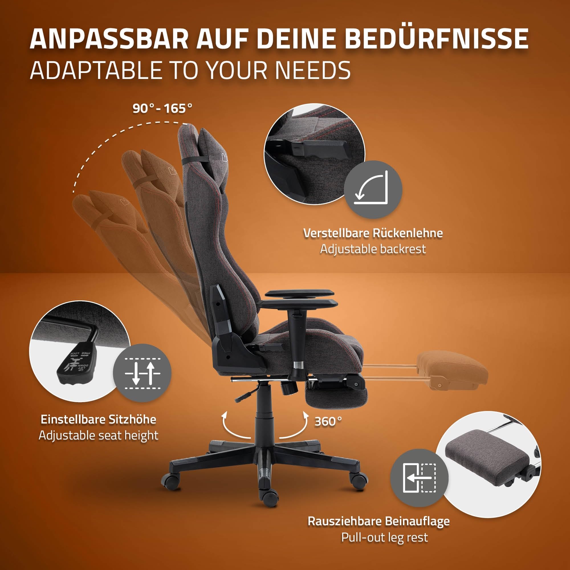 ML-Design Sedia da Gaming Ergonomica con Poggiapiedi Braccioli e Schienale Regolabile in Tessuto Grigio Rosso per Ufficio Cuscini Inclusi Supporto per Gambe Lombare e Poggiatesta