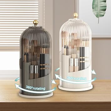 360° Rotating Make Up Brush Holder Storage with Clear Dustproof Lid, Sliding Opening Cosmetic Make-Up Organiser, Makeup Brushes Holder Organizers,Make-Up Brush Container Case for Dressing Table,Vanity