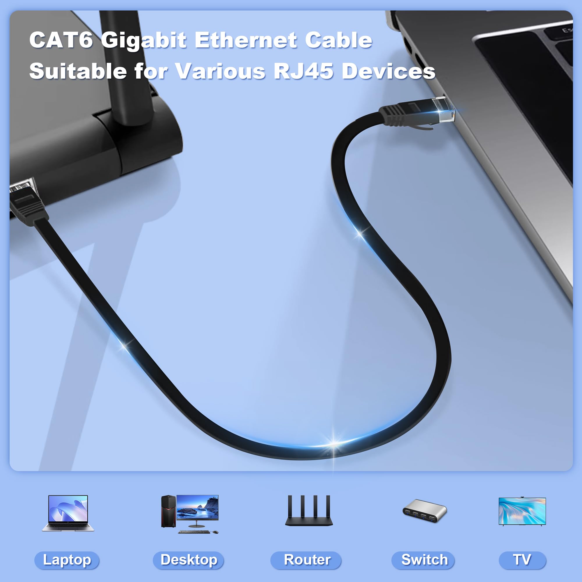 Câble réseau 50 m extérieur et intérieur, câble LAN 50 m Cat 6 Gigabit RJ45 50 m Câble Ethernet plat – 10 100 1000 Mbit s – Câble patch 50 m noir Cat 6 Câble WiFi pour routeur, commutateur, modem
