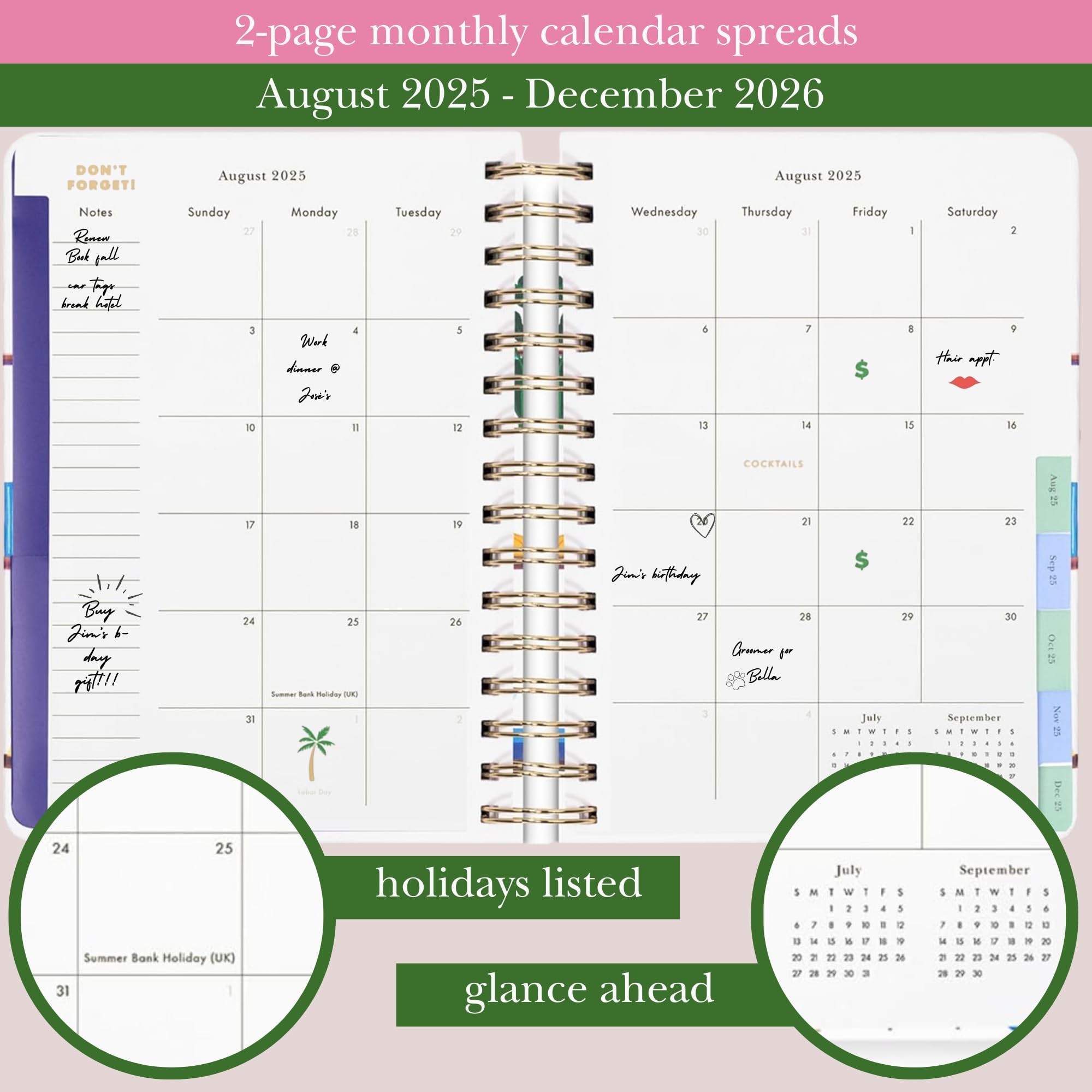 kate spade new york Tagesplaner 2025-2026 Großer Agenda August 2025-Dezember 2026, Hardcover Wochen- und Monatsplaner Spiralplaner mit Aufklebern (Charmed Library)