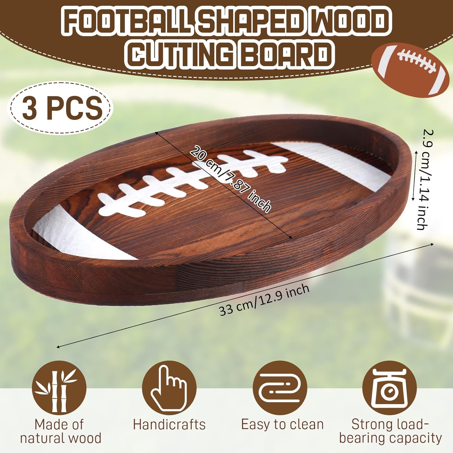 Hushee 3 Pcs Football Serving Trays and Platters 13 Inch Wooden Shaped Football Serving Dishes Tailgate Party Platter Snack for Game Party Decoration(Elegant Style)