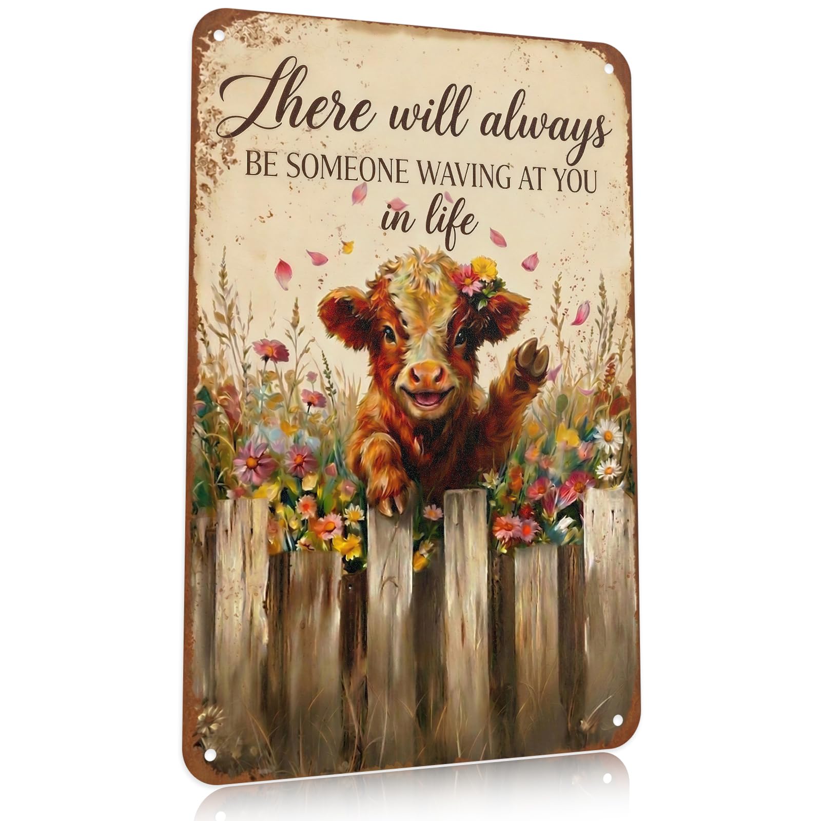 Highland Cow Metal Signs, Vintage Highland Cow Pictures with Quote, Cute Flowers Tin Sign, Animal Wall Art for Kitchen, Bathroom and Living Room, Funny Highlands Cows Gifts