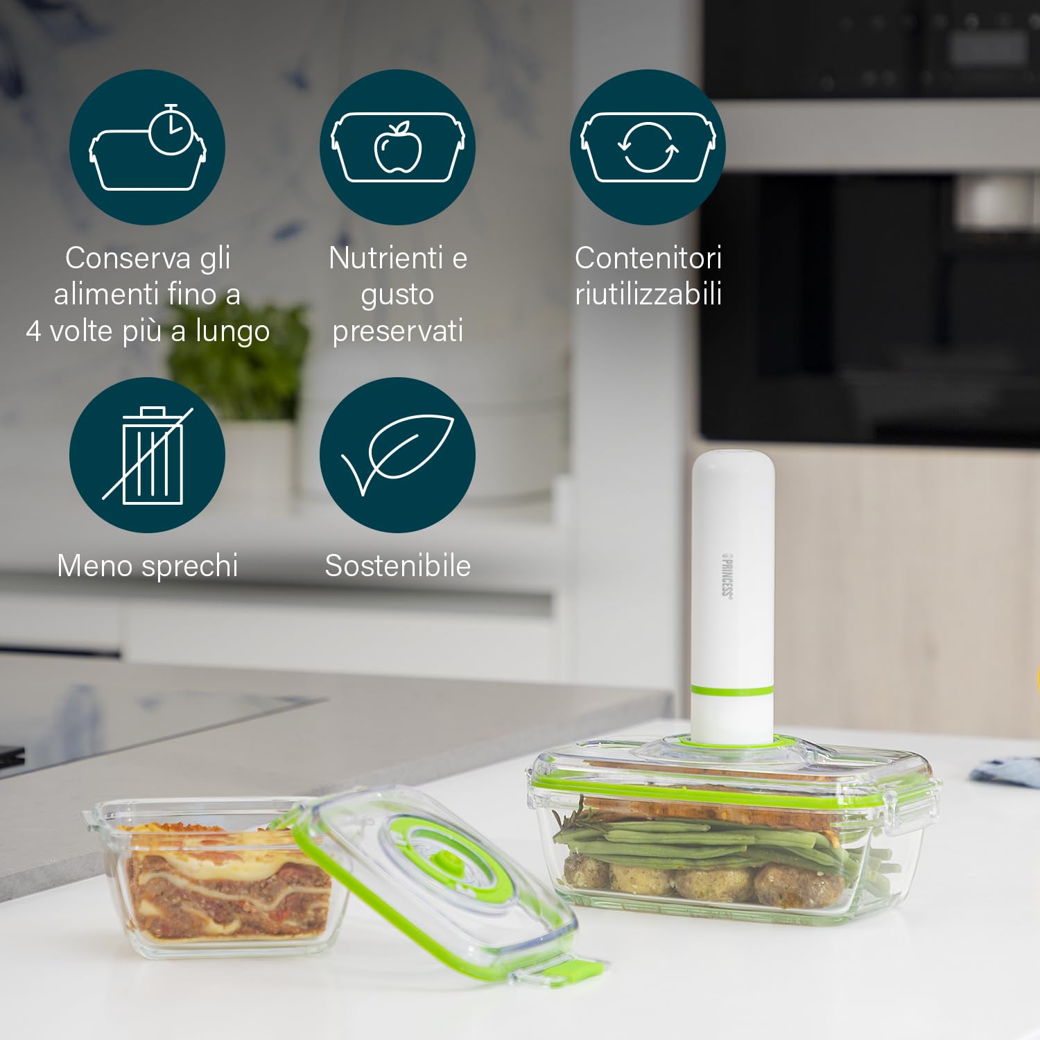 Princess Set Contenitori in Vetro con Sistema Sottovuoto Manuale, Pompa per Vuoto Elettrica con Cavo USB, 2 Contenitori Resistenti al Calore, 2 Coperchi Senza BPA, Ermetici, 492985