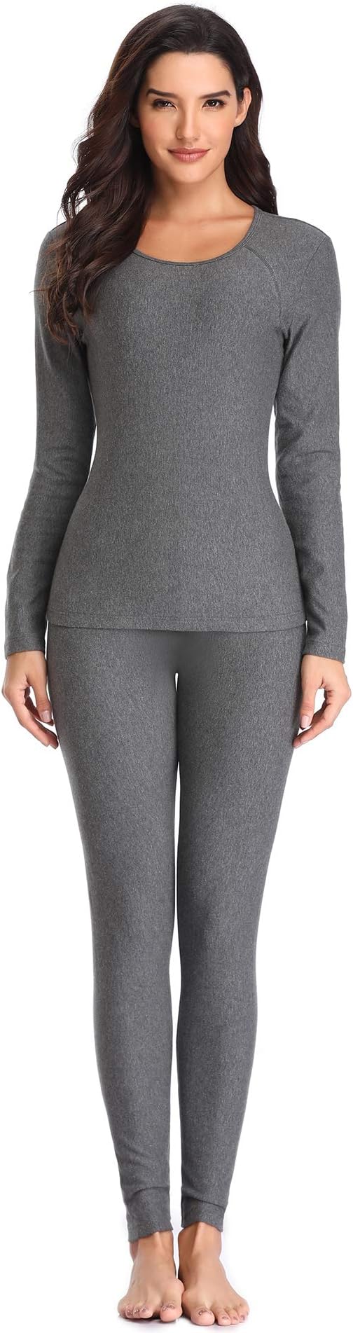 LALAVAVA Lusofie Cotton Thermal Underwear Set for Women Long Johns Base Layer Thermals (Grey, L)