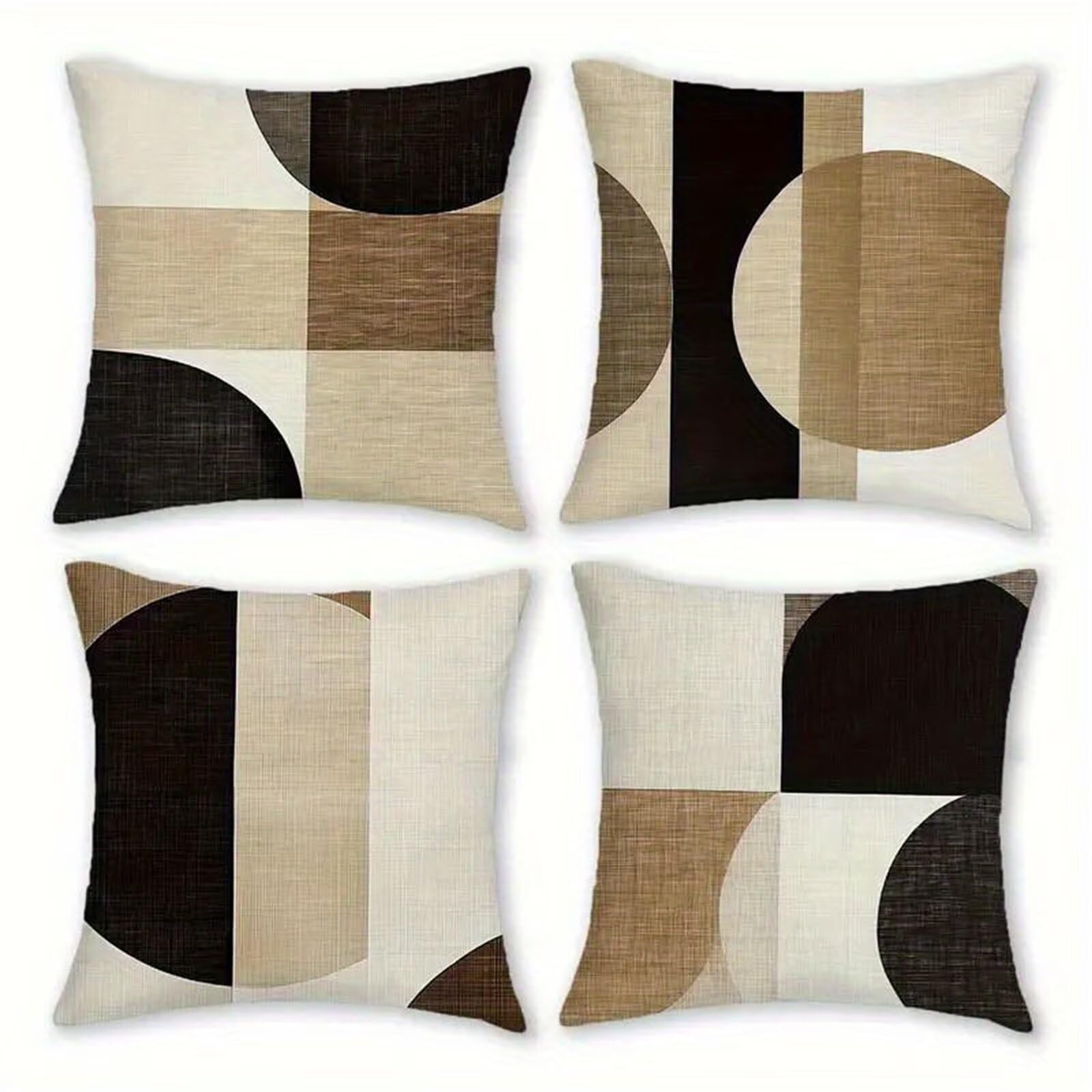 QiHon Set of 4 Decorative Linen Cushion Covers 60x60 cm, Modern Black Brown Square Throw Pillow Cases with Invisible Zipper, Breathable Pillowcases for Sofa Couch Living Room Bedroom Garden