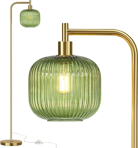 QiMH Glass Floor Lamp for Living Room, Modern Standing Lamp with Ribbed Glass Lampshade Pedal Switch, 67” Tall Lamp for Bedroom Study Room, Brushed Gold (2700K LED Bulb Included)
