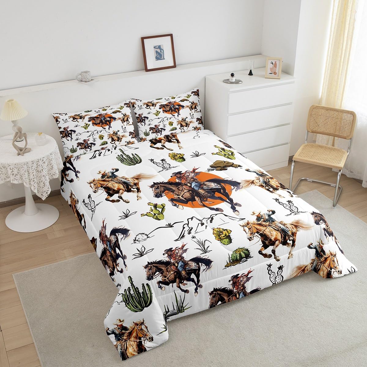 Castle Fairy Southwest Cowboy Comforter King,Retro Western Farmhouse Horse Animals Quilt Comforter with 2 Pillowcases,Watercolor Tropical Cactus Bedding Set Comfortable,Soft and Breathable