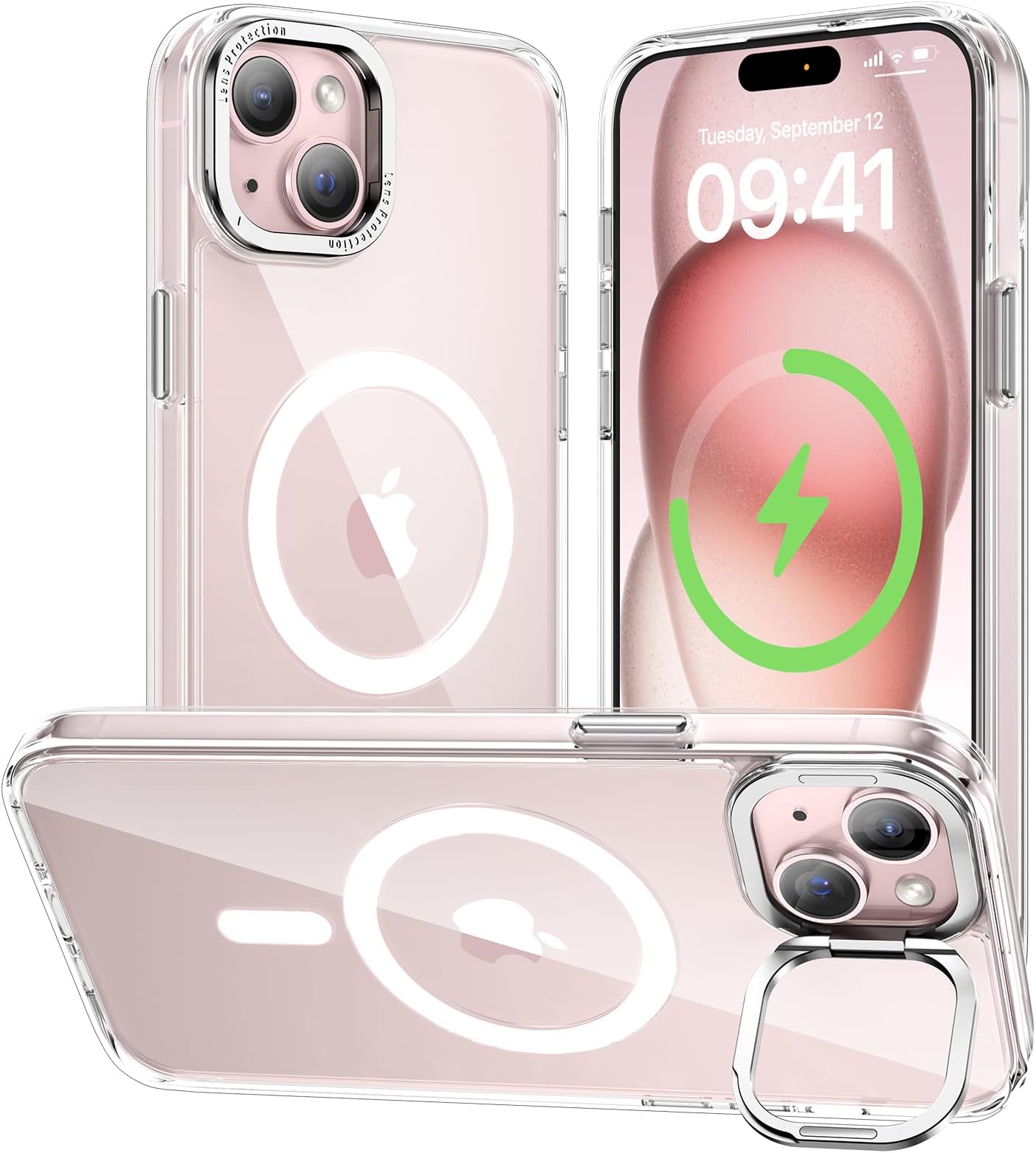 Diaclarafor iPhone 15 Case with Magnetic Lens Stand, Compatible with MagSafe, Anti-Yellowing Soft Edge and Anti-Scratch Hard Back, Slim Shockproof Magnetic Phone Case for iPhone 15, Clear