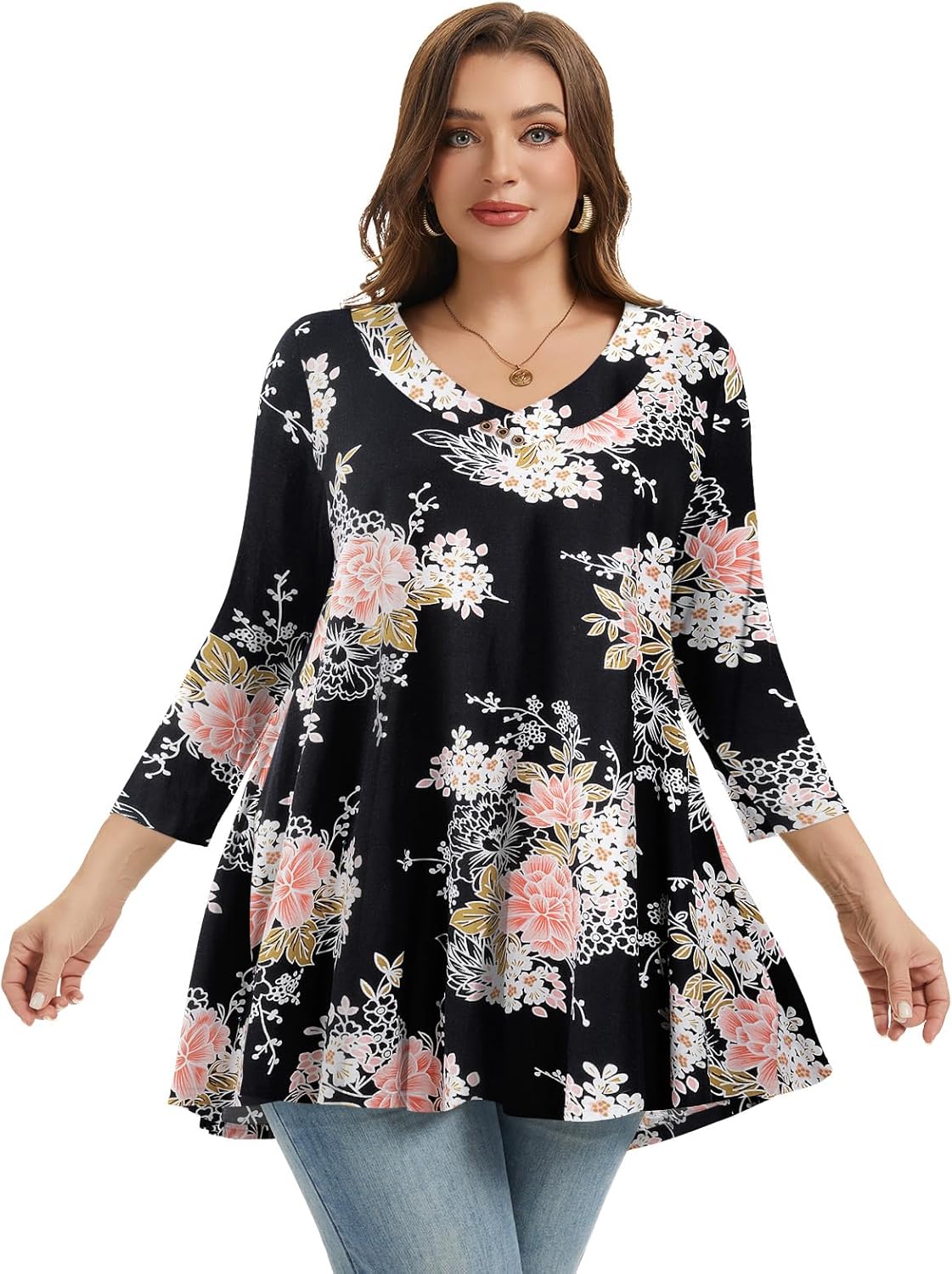 LARACE Plus Size Tunic Women's 3/4 Sleeve Tops And Blouses V Neck Shirts Loose Basic Tee - Image 3