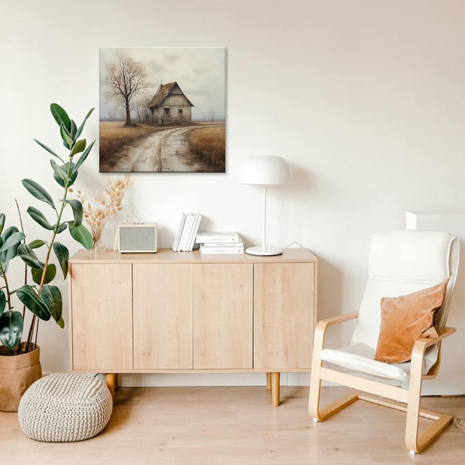 MODOJOART Farmhouse Canvas Wall Art, Outskirt Road Barn Trees Poster Painting Countryside Landscape Picture Print for Bedroom Dining Room Decor(Artwork-02, 12"x12")