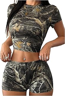 Women's Camo Print 2 Piece Outfits Short Sleeve Fitted Crop Top and Shorts Summer Streetwear Set