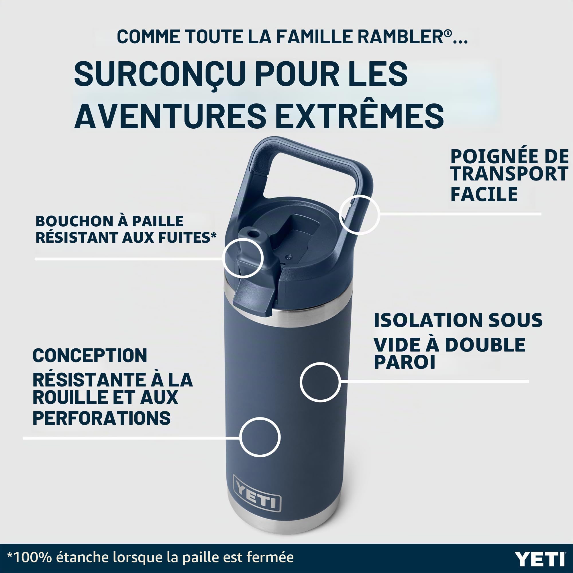 YETI Rambler C Straw Bottle, Stainless Steel Vacuum Insulated Bottle with Straw Cap, Navy, 18 oz (532 ml)