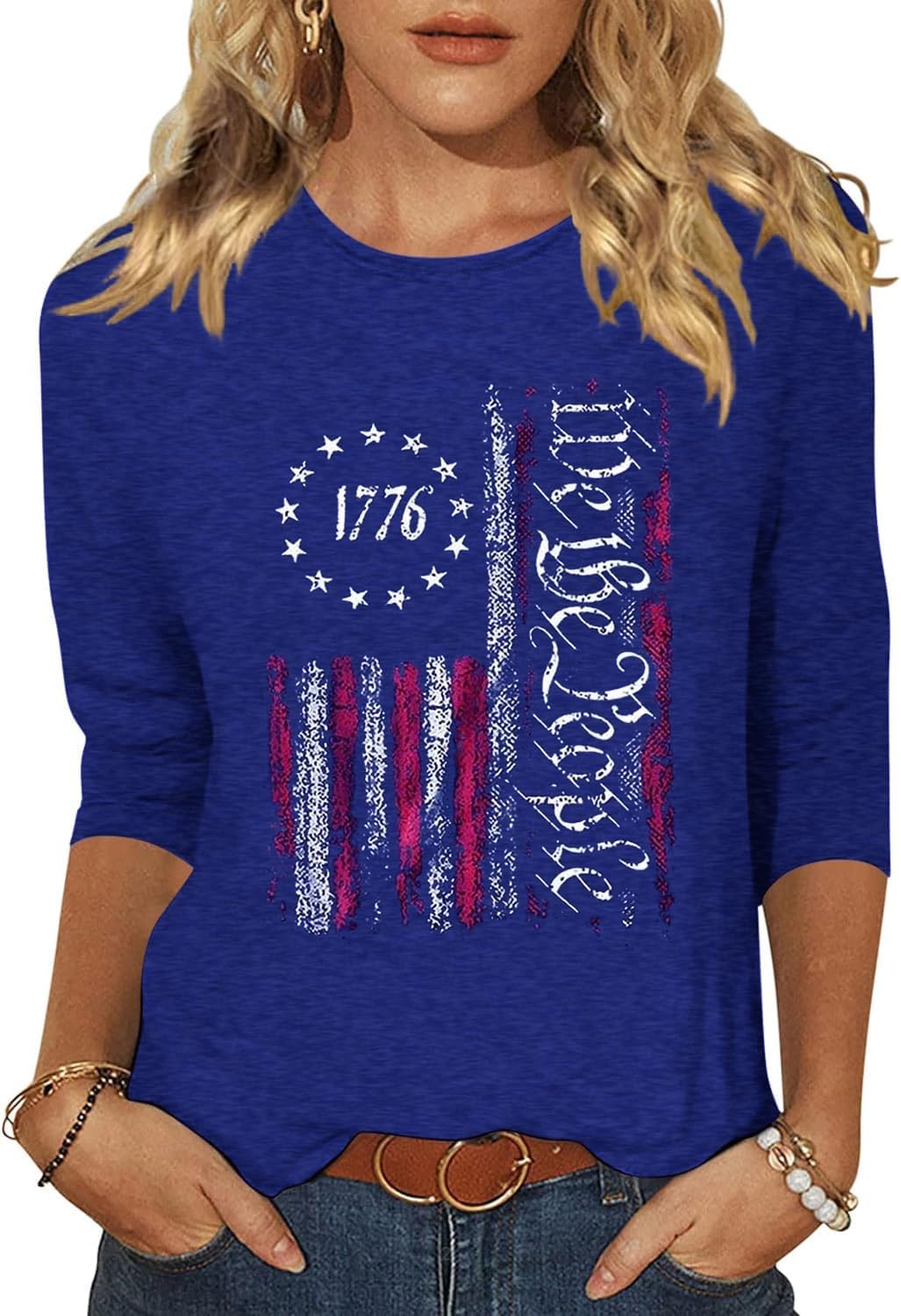 Woffccrd Womens 3/4 Sleeve American Flag T-Shirts Crew Neck 4th of July Summer Graphic Tee Tops