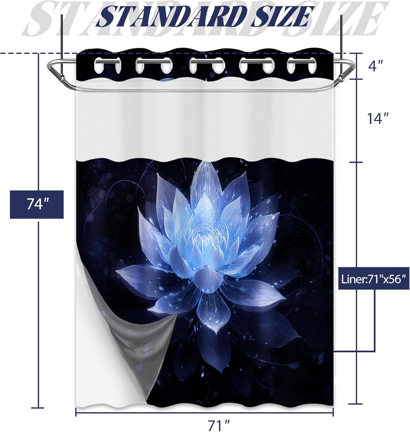 Black and Blue Hookless Shower Curtain with Snap in Liner, Navy Blue Lotus Flower No Hook Double Layer Shower Curtain and Liner Set, Waterproof Cloth Fabric, 71" W x 74" L (Pack of 1)