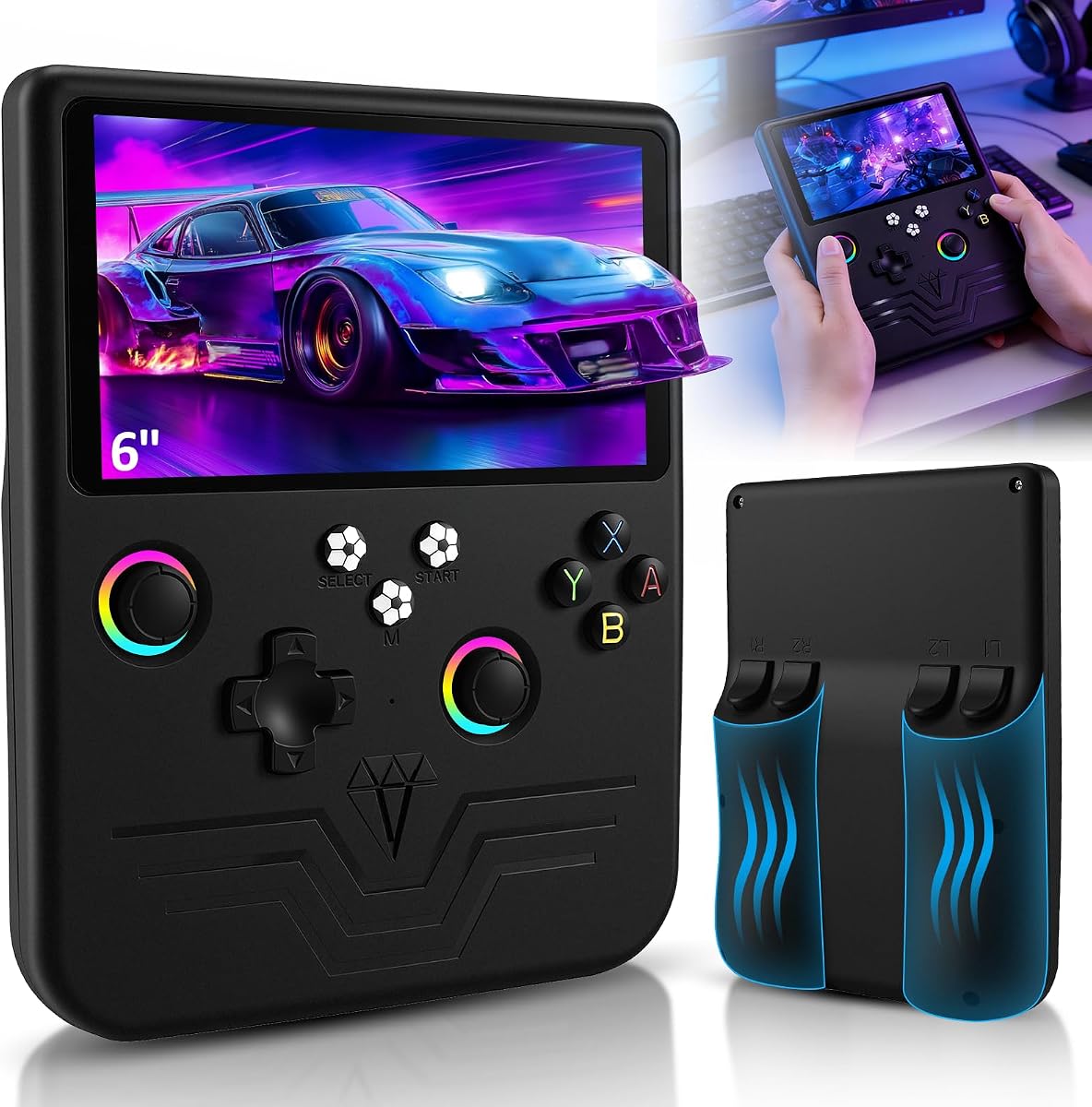 R60MAX Retro Handheld Game Console, 6.0 Inch HD IPS Screen, Retro Gaming Console Built-in 20000+Games, Portable Video Console, Linux System, Retro Game Consoles Ultra-Long Standby Time (Black)