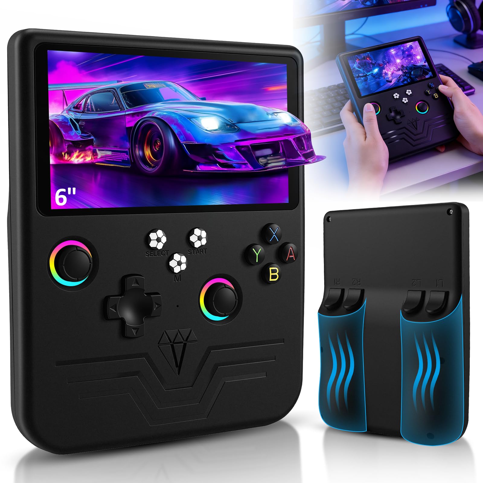 R60MAX Retro Handheld Game Console, 6.0 Inch HD IPS Screen, Retro Gaming Console Built-in 20000+Games, Portable Video Console, Linux System, Retro Game Consoles Ultra-Long Standby Time (Black)