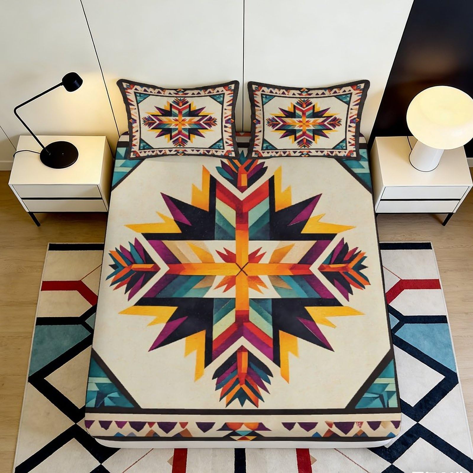 Pnayamiorkfel Style-1 3D Printed Boho Aztec Pattern Fitted Sheet Microfiber Soft Colorful Geometric Ethnic Mattress Cover For Bedroom Guestroom Home Decor 90X200x25cm