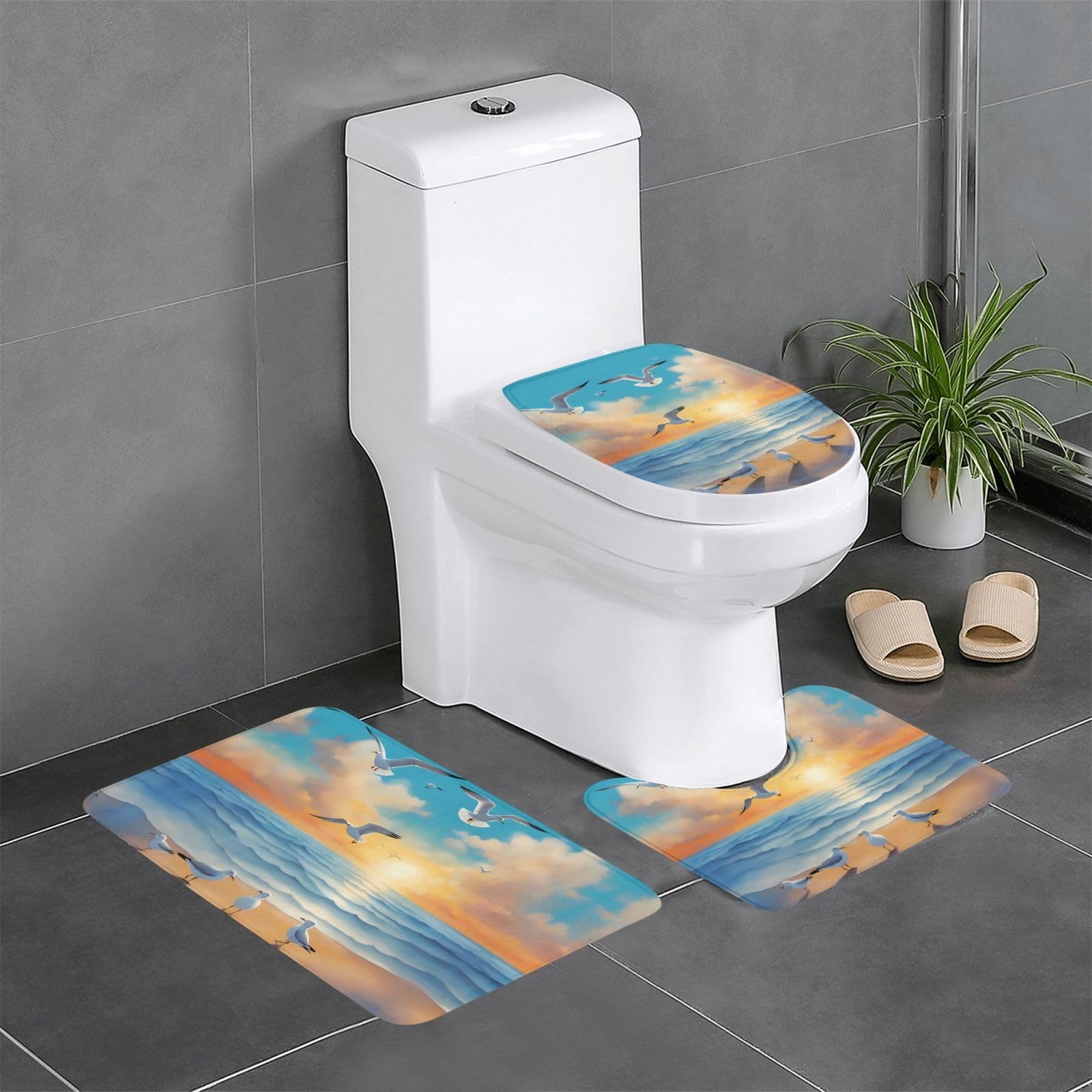 Tapis de salle de bain lot de 3 mouettes mer avec contour et tapis rectangulaire
