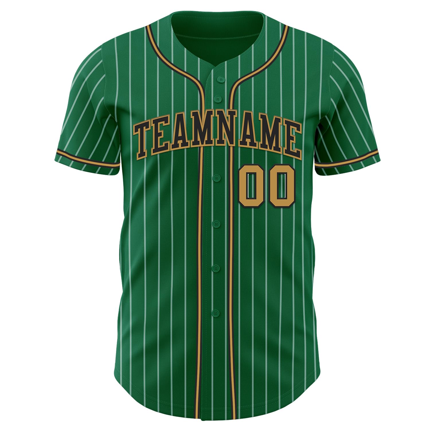 Custom Kelly Green White Pinstripe Baseball Jersey Button Down Softball Team Uniforms with Stitched Old Gold Black Name Number Logo for Men Women Youth, Design Personalized Sports Short Sleeve T-Shirt