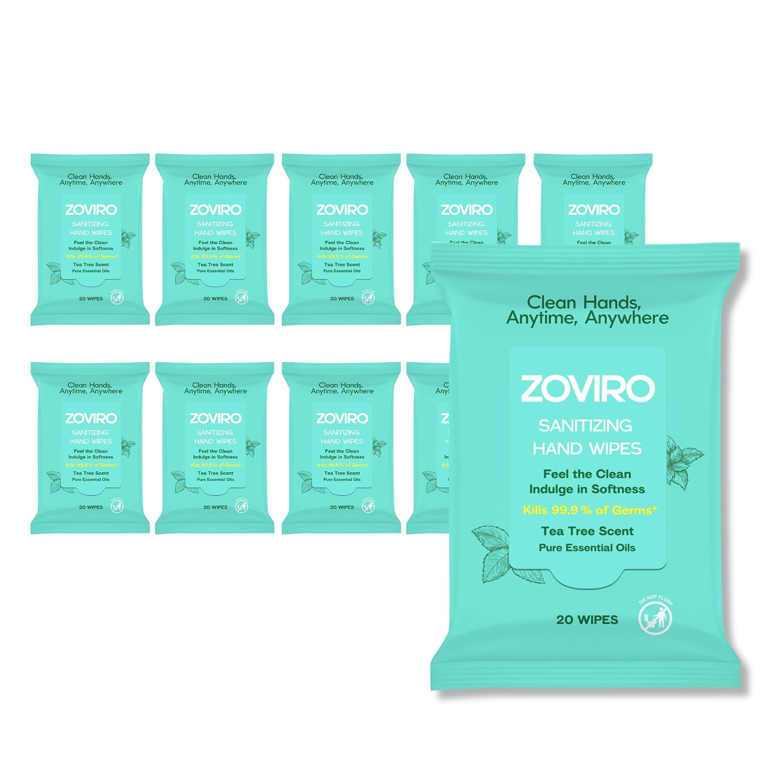 Zoviro Hand Sanitizer Wipes, Moisturizing With Tea Tree Essential Oil, Ultra-Soft 100% Viscose, Hand Wipes Travel Size, Tea Tree Scent, 20 Count (Pack of 10)