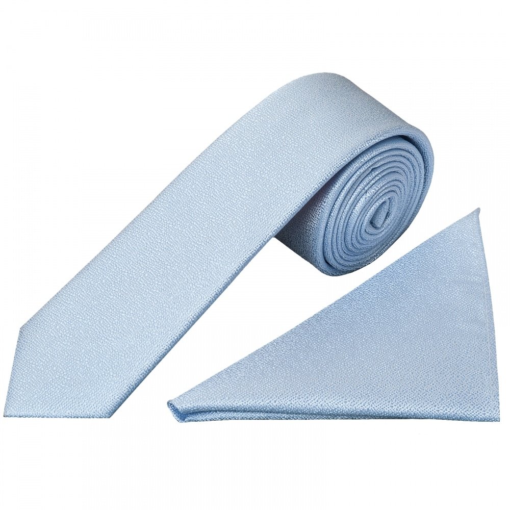 Ties R Us Men's Blue Plain Light Textured Silk Skinny Tie And Pocket Square Set
