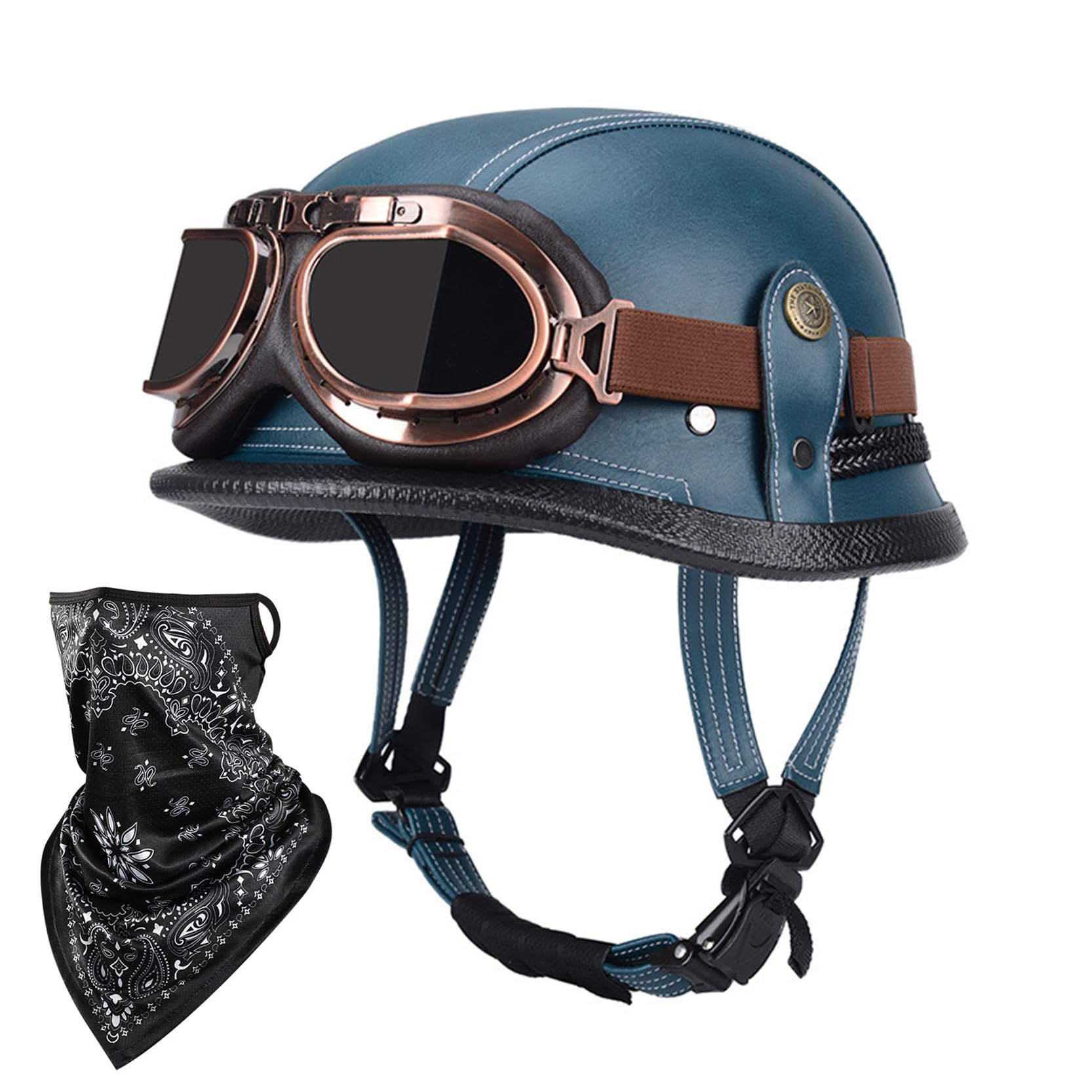Casco retro de media cara con hebilla de liberación rápida y gafas de moto