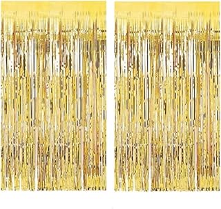 ستائر خلفية للباب لمكان التصوير بشراشيب من الرقائق المعدنية لحفلات الزفاف وأعياد الميلاد والكريسماس والهالوين وحفلات الديسكو - لون ذهبي - قطعتين