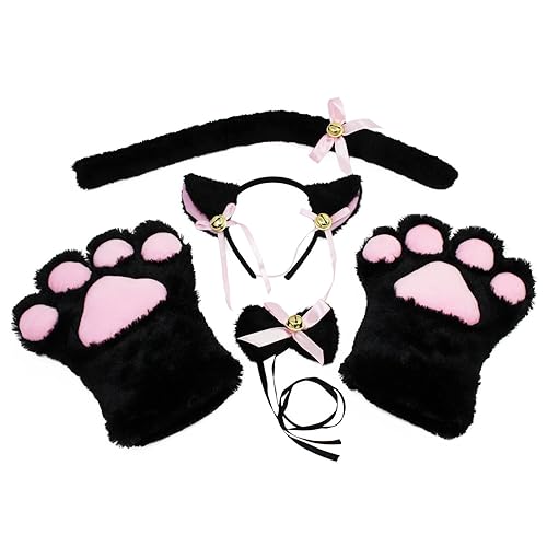 KEESIN Cat Cosplay Set Plush Claw Gloves Cat Kitten Ears Tail Collar Paws Cute Adorable Party Costume Set for Women Girl (Black)