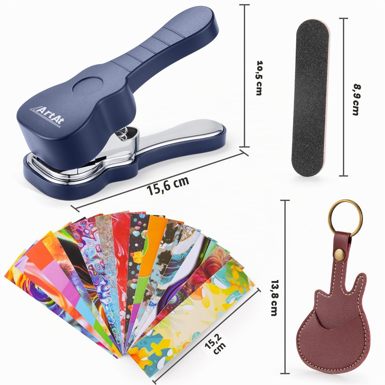 ArtAt Gitarrenplektrum-Stanzset – Stanzgerät für Bassgitarrenplektren mit 15 Plektrumstreifen (Medium) – Einzigartiges Stanzset zur Herstellung von Gitarrenplektren – Einzigartige Geschenke für
