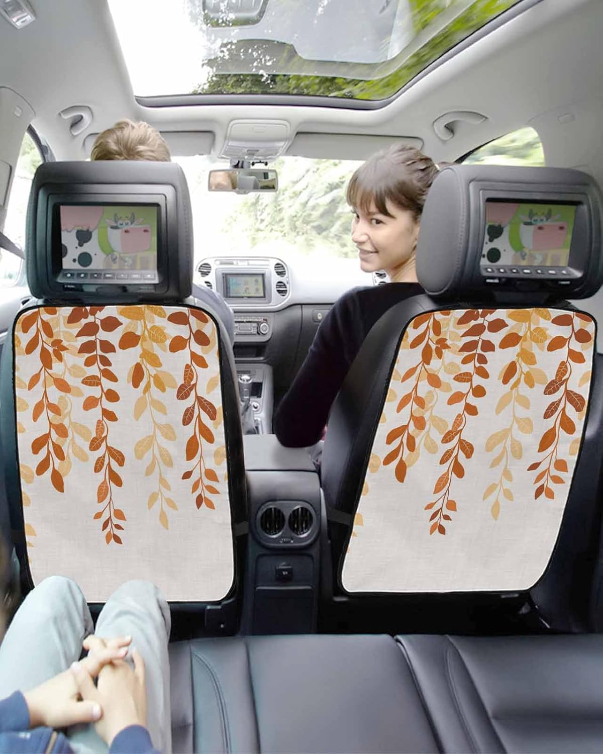 Car Seat Protector, 2 Pack Kick Mats with Organizer - 3 Pocket Storage, Plants Leaves Farmhouse Style Gradient Yellow Orange Back Seat Cover for Kids Universal Fit Automotive Interior Protectors