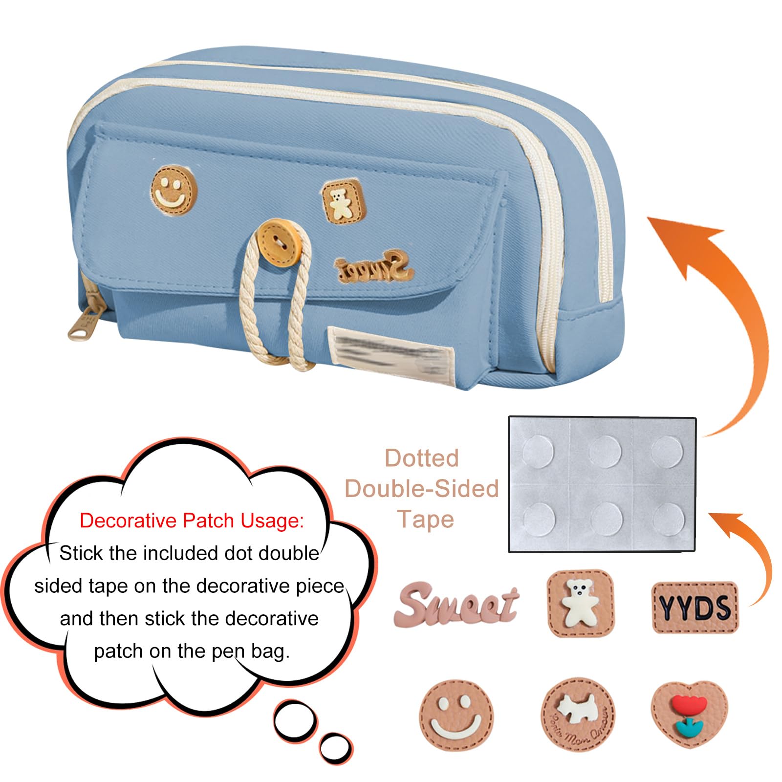 Case for Girls Cute with 4 Compartments, Large Zip, Special with Decorative Patches for School Kids & Teenage Adults, Big Capacity - Image 3