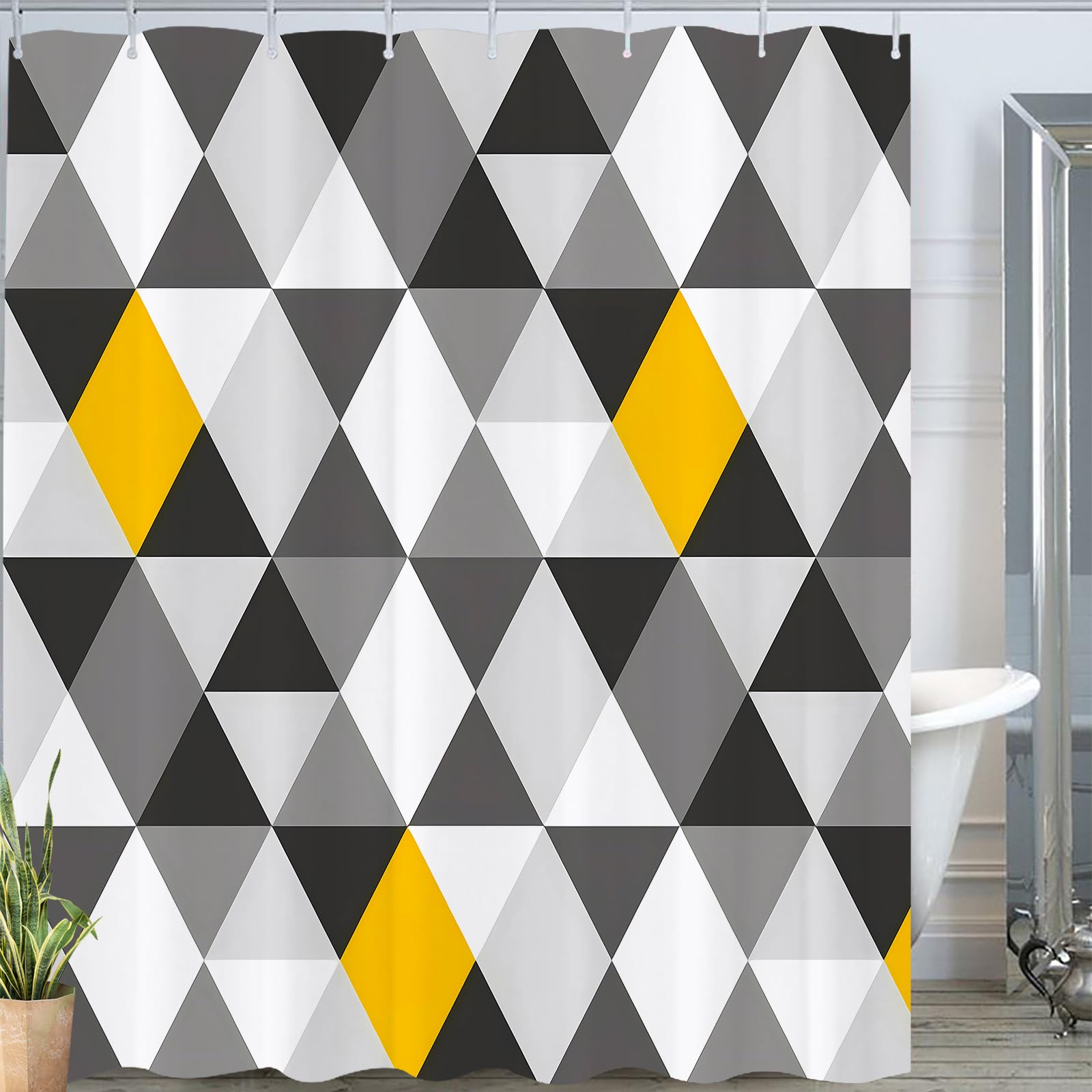JOOCAR Design Shower Curtain, Geometric Abstract Triangle Grey Black White Yellow Pattern, Waterproof Cloth Fabric Bathroom Decor Set with Hooks, 60x72 Inch