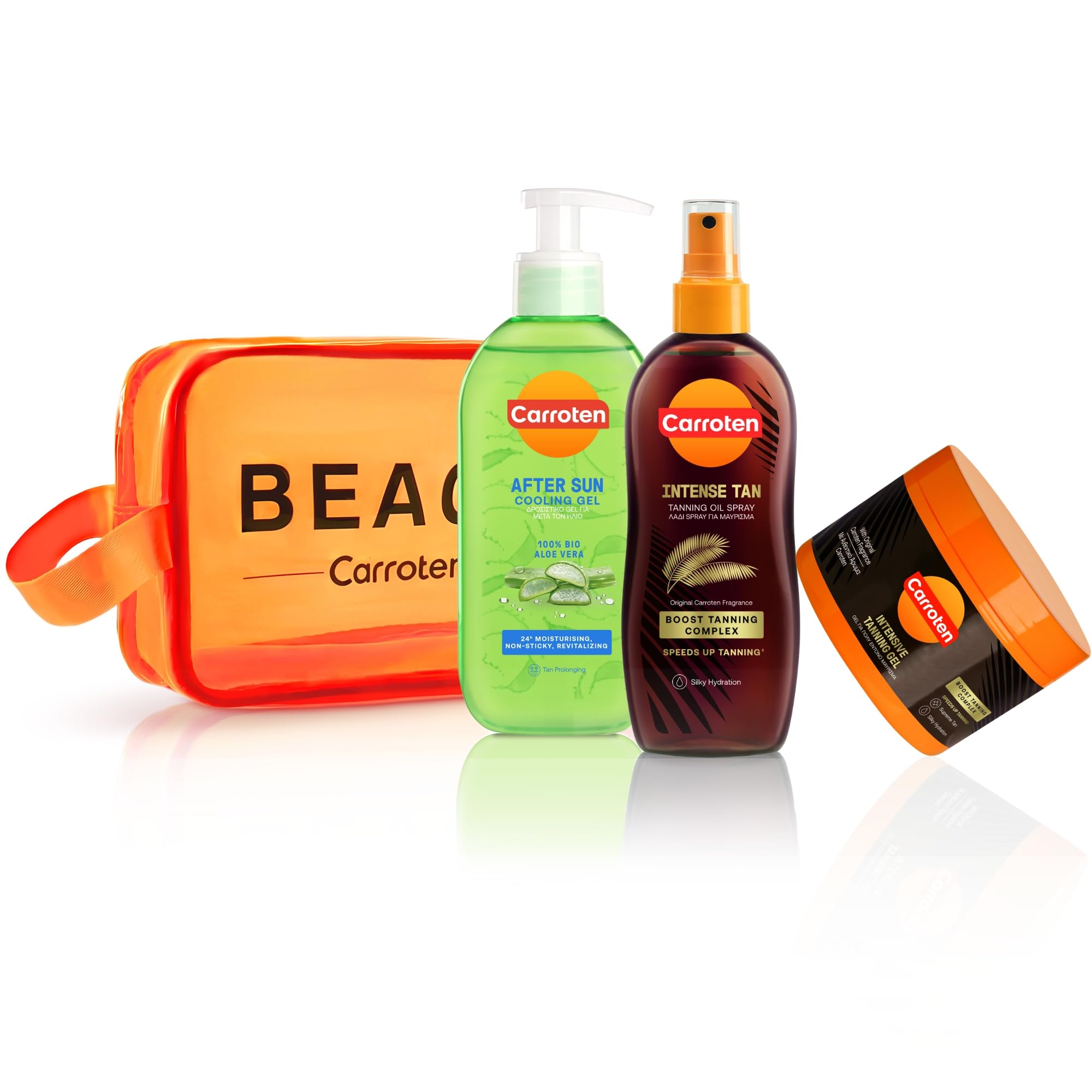 Carroten 3er Sonnenpflege Bräunungsset - aus Intensive Tanning Gel 150 ml, Intensive Tanning Oil 150 ml und After Sun Cooling Gel 200 ml - für Schnelle Bräunung, inkl. praktischer Kosmetiktasche