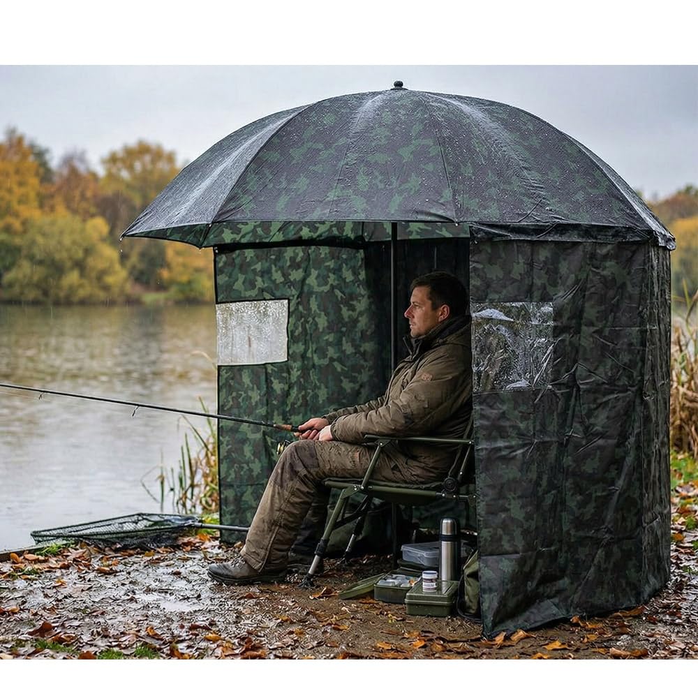 G8DS Angelschirm mit Seitenwand 200-220 cm Schirmzelt Angeln Schirmsystem mit Seitenplane Camouflage Karpfenzelt Windschutz Regenschirm