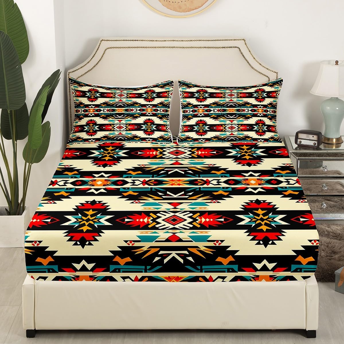 Feelyou Black Southwestern Bed Sheet Set Full Size Geometric Fitted Sheet Tribal Native American Indian Design Vinatge Bedding Set Decor Exotic Style Stripe Line Bed Cover Deep Pocket(No Top Sheet)