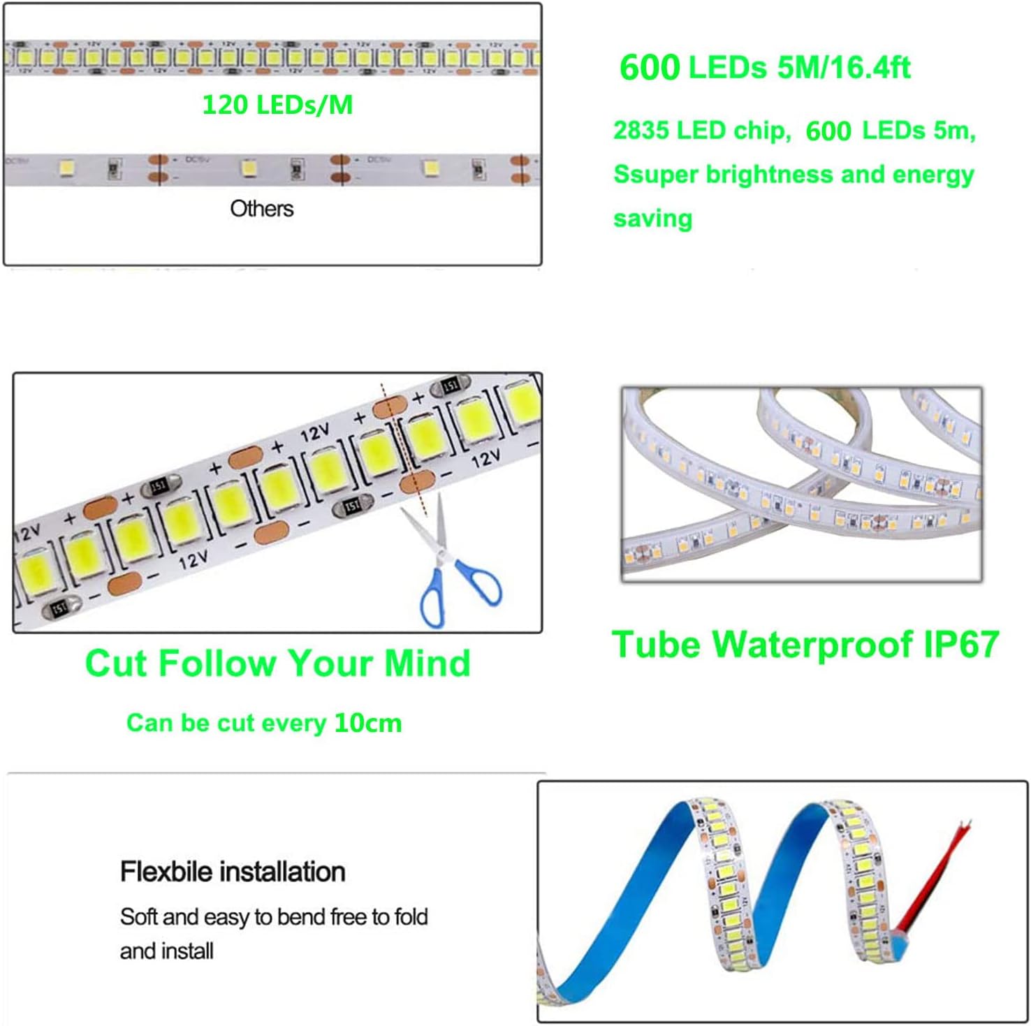 SUYOOULIN LED Strip Lights, 15000LM AC110V/120V 16.4ft/5m SMD 2835 600 LEDs Light Strips Tube Waterproof IP67 LED Ribbon, 2 Times Brightness Than Low Voltage Strip Lights (Blue)