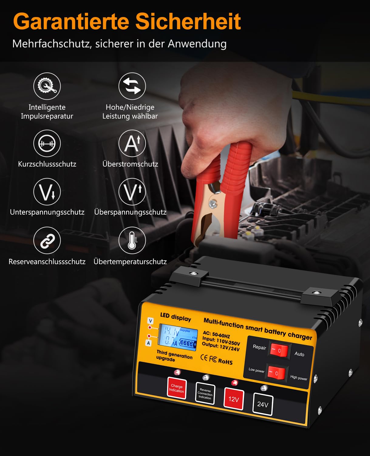 Chargeur de Batterie de Voiture 12V / 24V Chargeur de Batterie Intelligent Entièrement Automatique avec Fonction Réparation pour Les Batteries Plomb-Acide et LifePO4