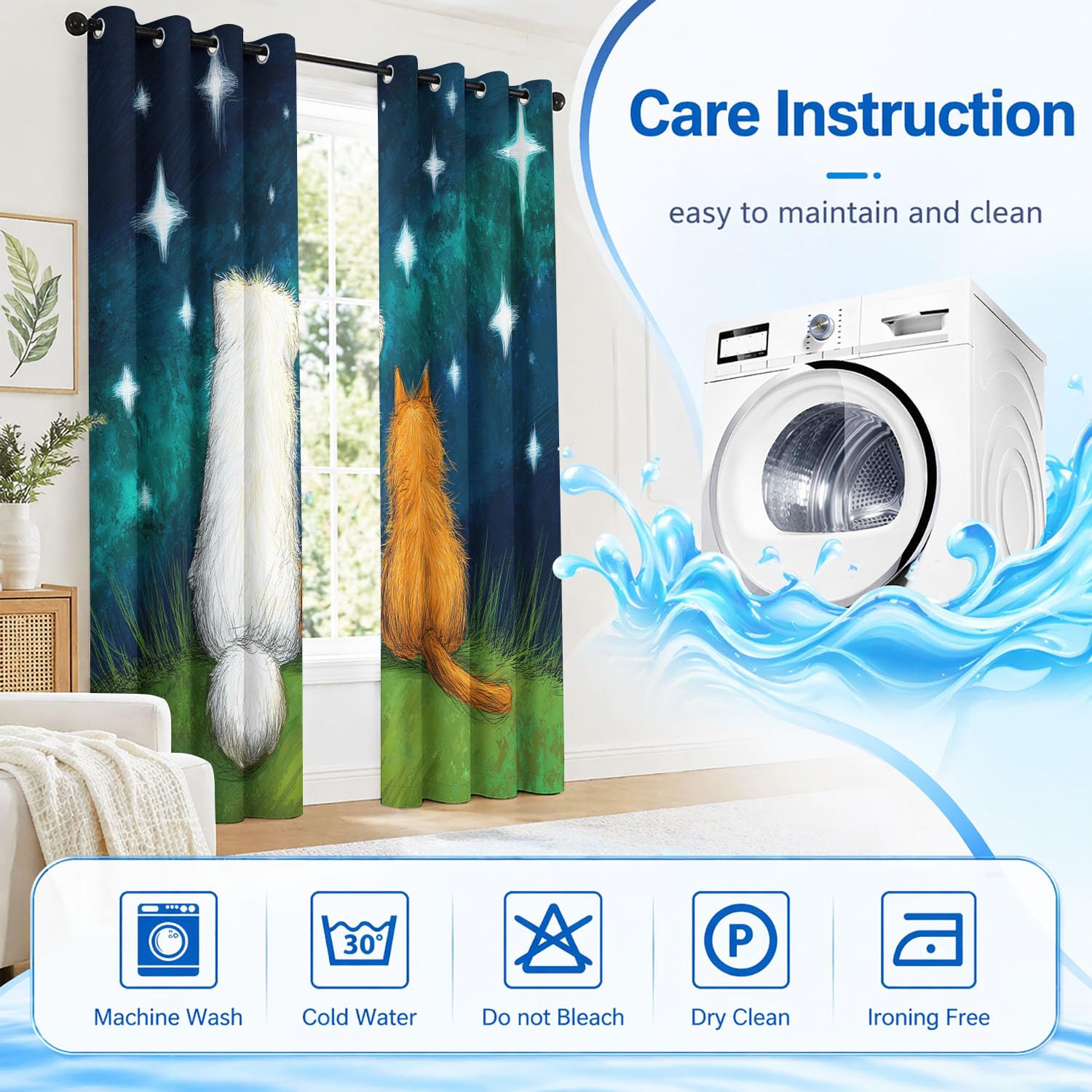 Genérico Cortinas Opacas Oscurecer Ilustración Infantil Cortinas Decor Dormitorio Infantil Animales Perros Lindos Gatos Cielo Estrellado Hierba Romántico Amistad Cortina Térmicas Azul Oscuro 140x245
